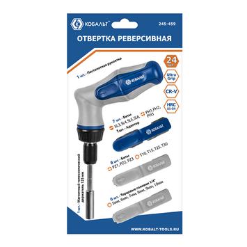 Отвертка реверсивная КОБАЛЬТ Ultra Grip пистолетная, телескопическая, с набором бит и торцевых головок 1/4", CR-V, 24 ПР., блистер