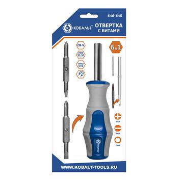 Отвертка рукоятка КОБАЛЬТ Ultra Grip 6 в 1, с набором двусторонних бит, CR-V , подвес